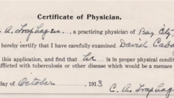 Doctor's certification of good health for Carlisle Indian School student David Cabay (Chippewa Nation).