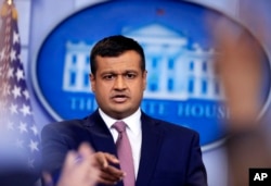 White House deputy press secretary Raj Shah speaks during the daily press briefing in the Brady press briefing room at the White House, in Washington, Feb. 8, 2018.