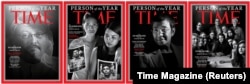 L-R: Saudi journalist Jamal Khashoggi, Ma Pan Ei Mon and Chit Su Win holding photos of their husbands Reuters journalists Wa Lone and Kyaw Soe Oo, Maria Ressa, a Filipina journalist, and the staff of the Capital Gazette newspaper, named TIME's Person of the Year 2018, are seen in this combination image, Dec. 11, 2018.