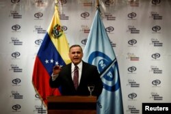 Venezuelan Chief Prosecutor Tarek William Saab talks to the media during a news conference in Caracas, Venezuela, May 3, 2018.