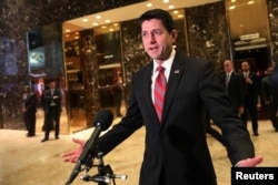 FILE - House Speaker Paul Ryan, pictured after meeting with then-President-elect Donald Trump in New York, Dec. 9, 2016, says Trump "gets frustrated with judges. ... But he is respecting the process, and I think that is what counts at the end of the day."