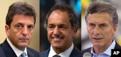 This combo of file photos shows three Argentinian presidential candidates, from left, Sergio Massa, Sept. 28, 2015; Daniel Scioli, Oct. 14, 2015; and Mauricio Macri, Oct. 3, 2015.