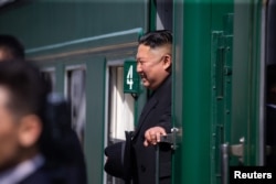 North Korean leader Kim Jong Un takes part in a farewell ceremony at a railway station as he departs from Vladivostok, Russia, April 26, 2019.