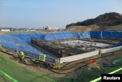A general view of the construction site of Gangneung Ice Arena which will be a venue for the figure skating and short track competitions during the 2018 Winter Olympic Games, in the coastal cluster of PyeongChang, February 11, 2015.