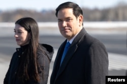 U.S. Secretary of State Marco Rubio disembarks from a military airplane upon arrival at Quebec City Jean Lesage International Airport as he travels to a G7 Foreign Ministers meeting, March 12, 2025.
