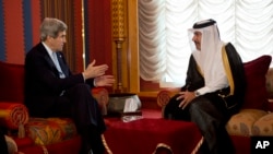 US Secretary of State John Kerry meets with Qatari Prime Minister and Foreign Minister Sheik Hamad bin Jassim Al Thani, in Doha, Qatar on March 5, 2013.