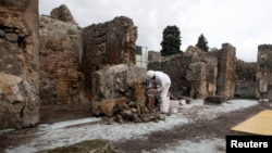 A restorer works in the ancient Roman city Pompeii, which was buried in AD 79 by an eruption of the Vesuvius volcano, Feb. 6, 2013.