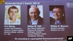 Images of the three winners of the 2014 Nobel Prize for Chemistry, from left, American Eric Betzig, German Stefan Hell and American William Moerner are projected on a screen at the Royal Swedish Academy of Sciences in Stockholm, Oct. 8 2014. 