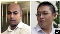 FILE - This combination of two file photos from Jan. 24, 2006, left, and Jan. 26, 2006 shows Australian drug traffickers Myuran Sukumaran, left, and Andrew Chan during their trial in Bali, Indonesia. 