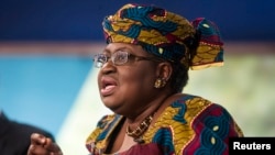 FILE - Nigerian Finance Minister Ngozi Okonjo-Iweala takes part in a discussion on "Challengers of Job-Rich and Inclusive Growth: Growth and Reform Challenges" during the World Bank/IMF Annual Meeting in Washington.