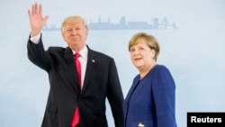 German Chancellor Angela Merkel meets U.S. President Donald Trump on the eve of the G-20 summit in Hamburg, Germany, July 6, 2017.