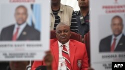 FILE - Botswana's President Mokgweetsi Eric Keabetswe Masisi looks on as he is re-elected president of the Botswana Democratic Party (BDP) during an extraordinary congress on April 5, 2019, in Kang, Botswana.