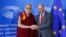 Tibet&#39;s exiled spiritual leader the Dalai Lama (L), is welcomed by European Parliament president Martin Schulz at the European Parliament in Strasbourg, France, Sept. 15, 2016. 