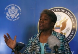 FILE - Linda Thomas-Greenfield, U.S. ambassador to the U.N., speaks to reporters in Ankara, Turkey, June 4, 2021, at the end of a three-day visit to Turkey, which included a trip to the Bab al-Hawa border crossing between Turkey and Syria.