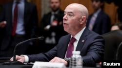 FILE - US Homeland Security Secretary Alejandro Mayorkas speaks during a US Senate Homeland Security and Governmental Affairs Committee hearing on "Security threats to the United States", on Capitol Hill in Washington, Nov. 17, 2022.
