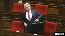 Armenia's former President Serzh Sarksyan attends a session of the parliament in Yerevan, Armenia, Apr. 17, 2018. 