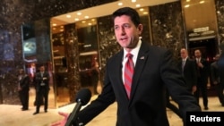FILE - U.S. House Speaker Paul Ryan of Wisconsin speaks to reporters after meeting with President-elect Donald Trump at Trump Tower in New York, Dec. 9, 2016. 