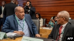 Madaxweynaha maamulka Ku-meel-gaarka ah ee Gobolka Tigray, Getachew Reda (bidix), oo la hadlaya Guddoomiyaha Jabhadda Xoreynta Shacabka Tigray (TPLF), Debretsion Gebremichael (midig).