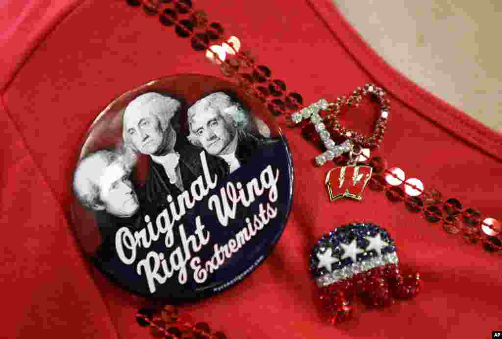 Dona Poelman from Racine, Wisconsin accessorizes her shirt at the RNC.