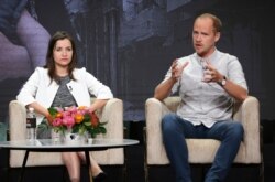 FILE - Director/producer/cinematographer Waad al-Kateab, left, and director Edward Watts participate in PBS's "For Sama" panel at the Television Critics Association Summer Press Tour in Beverly Hills, Calif., July 30, 2019.