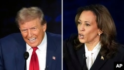 FILE - Republican presidential nominee Donald Trump and Democratic presidential nominee Kamala Harris are pictured during their ABC News presidential debate at the National Constitution Center in Philadelphia, Pennsylvania, Sept. 10, 2024.