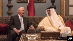 U.S. Secretary of State Rex Tillerson meets with the Emir of Qatar, Sheikh Tamim Bin Hamad Al Thani at the Sea Palace, in Doha, Qatar, Tuesday, July 11, 2017. 