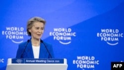 European Commission President Ursula von der Leyen addresses a session at the World Economic Forum (WEF) annual meeting in Davos on Jan. 21, 2025. 