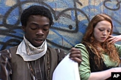 Two teen actors rehearsing for The Bowery Wars, Part One