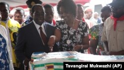 Le président zimbabwéen Robert Mugabe, à gauche, et sa femme Grace coupent un gâteau d'anniversaire, à Masvingo, à environ 300 kilomètres au sud de Harare, 27 février 2016. 