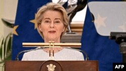 Президентка Європейської комісії Урсула фон дер Ляєн на пресбрифінгу в Нью-Делі 28 лютого 2025 року. (AFP)