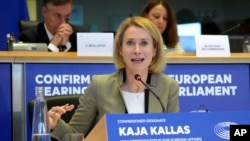 FILE - Estonia's Kaja Kallas, nominee for European Union High Representative and Vice President for Foreign Affairs and Security Policy, speaks during her hearing at the European Parliament in Brussels on Nov. 12, 2024. 