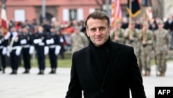 FILE - French President Emmanuel Macron attends the commemoration ceremony for the 80th anniversary of the Allied Liberation of the eastern France city of Colmar at the end of World War II, in Colmar on Feb. 2, 2025.