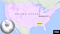 Peta letak wilayah negara bagian Alabama di Amerika Serikat.