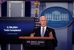 FILE - Vice President Mike Pence speaks about the coronavirus in the James Brady Press Briefing Room of the White House, in Washington, April 17, 2020.