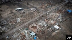 Aerial view of houses damaged during the fighting with the Russian troops in the village of Kamenka, Kharkiv region, Ukraine, March 17, 2024. Kamenka was retaken in autumn 2022 after it was occupied by the Russian troops. 