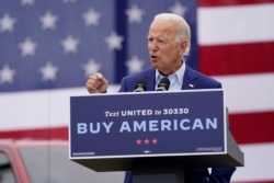 Democratic presidential candidate former Vice President Joe Biden speaks at a campaign event on manufacturing and buying American-made products at UAW Region 1 headquarters in Warren, Michigan, Sept. 9, 2020.