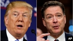 This combination photo shows President Donald Trump speaking during a roundtable discussion in White Sulphur Springs, W.Va., April 5, 2018, left, and former FBI director James Comey speaking during a Senate Intelligence Committee hearing on Capitol Hill in Washington on June 8, 2017.