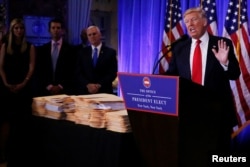 FILE - U.S. President-elect Donald Trump speaks during a news conference in Trump Tower, Manhattan, New York, Jan. 11, 2017.