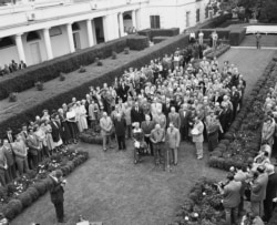 President Harry S. Truman, front center, at White House Rose Garden ceremony, May 17, 1949. Throughout the 20th Century, the Rose Garden has been the setting of news conferences, ceremonies, even state dinners and weddings.