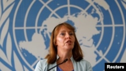 United Nations Special Rapporteur on Human Rights in Cambodia Rhona Smith speaks during a news conference in Phnom Penh, Cambodia, Nov. 8, 2018.
