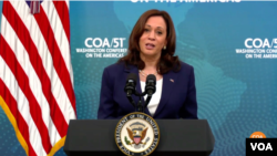 La vicepresidenta de EE.UU., Kamala Harris, durante su intervención en la Conferencia de las Américas el cuatro de mayo del 2021.