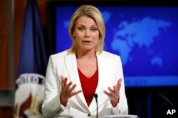 FILE - U.S. State Department spokeswoman Heather Nauert speaks during a briefing in Washington, Aug. 9, 2017.