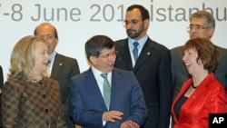 From left: US Secretary of State Hillary Rodham Clinton, Turkish Foreign Minister Ahmet Davutoglu and EU Foreign Policy Chief Catherine Ashton at the ministerial meeting of the Global Counterterrorism Forum in Istanbul, June 7, 2012 (AP).