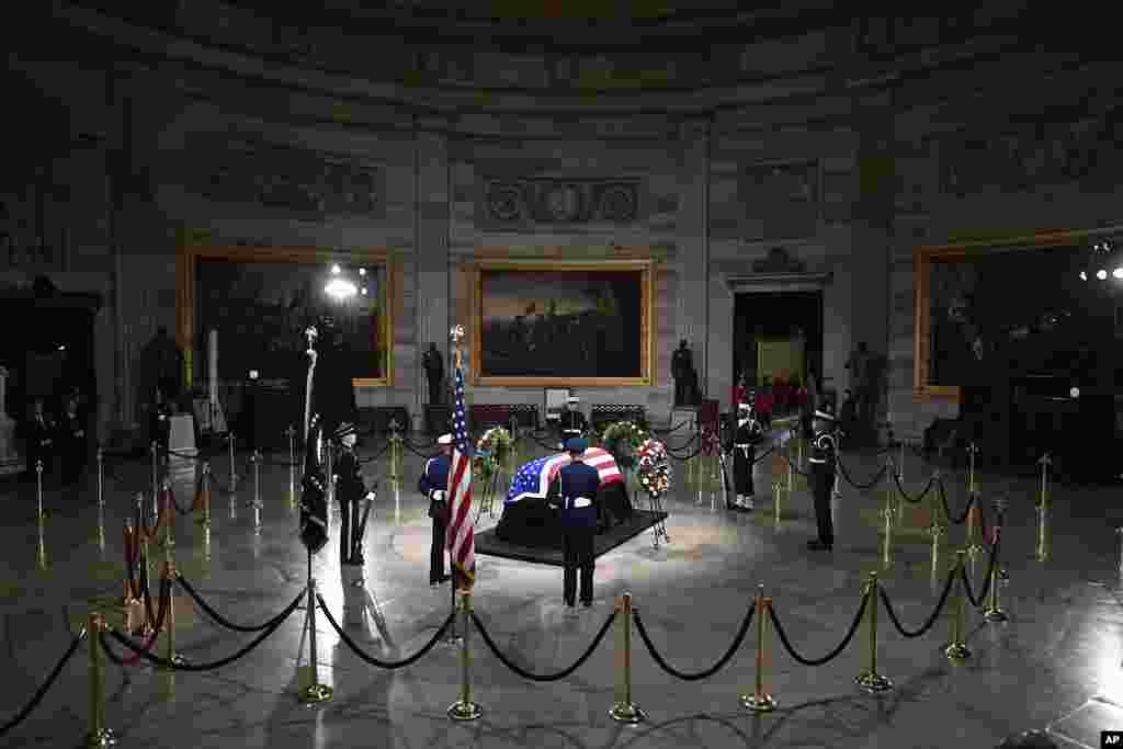 The flag-draped casket of the late former President Jimmy Carter lies in state at the Rotunda of the U.S. Capitol in Washington, Jan. 7, 2025.