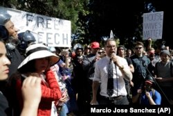Far-right media personality Gavin McInnes speaks at a demonstration for free speech near the University of California, Berkeley campus.