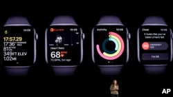 Sumbul Desai, MD, Apple's vice president of Health talks about new features on the Apple watch during an event to announce new products Tuesday, Sept. 10, 2019, in Cupertino, Calif. (AP Photo/Tony Avelar)