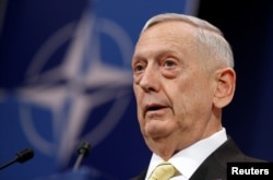 U.S. Defense Secretary Jim Mattis addresses a news conference during a NATO defence ministers meeting at the Alliance headquarters in Brussels, Belgium, Feb. 16, 2017.