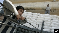 A Palestinian boy stands beside a truck loaded with sacks of flour received from The United States Agency for International Development (USAID) in the village of Anin near the West Bank city of Jenin (file photo)