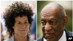 FILE – Combination photos show Andrea Constand (L) walking to the courtroom during Bill Cosby's sexual assault trial June 6, 2017, at the Montgomery County Courthouse in Norristown, Pa.; and Bill Cosby (R) arriving for his sexual assault trial June 16, 2017, at the Montgomery County Courthouse in Norristown, Pa. 