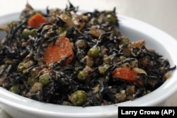 Hijiki seaweed, shown in this salad, is chewy.